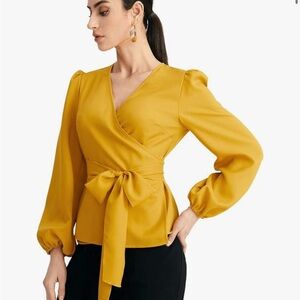 Mustard Yellow XL Wrap V Neck Belted Blouse